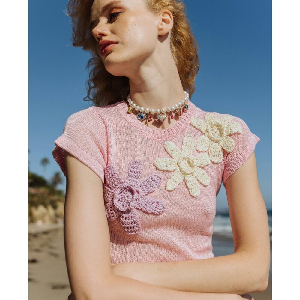 New ANDREEVA Knit Top With Crochet Details in Pink - Picture 2 of 5